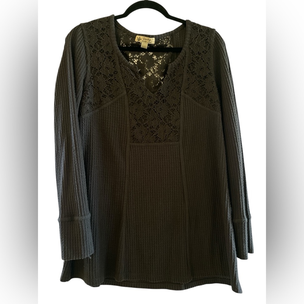 Unity World Wear Dark Gray Waffle Knit Lace Inset Long Sleeve Tunic Top
